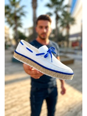 Zerenyus ZRC311 Premium Günlük Bağcıklı Keten Erkek Espadril Beyaz Sax