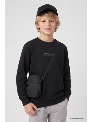 Tommy Life Siyah Standart Fit Baskılı O Yaka Erkek Çocuk Sweatshirt - 11322