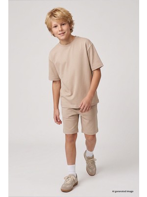 Tommy Life Bej Oversize Fit Basic Erkek Çocuk Şort Takım - 11335