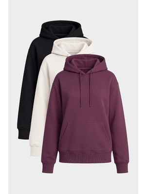 Tommy Life Standart Kapüşonlu 3lü Paket Siyah-Ekru-Soft Vişne Kadın Sweatshirt - 97321