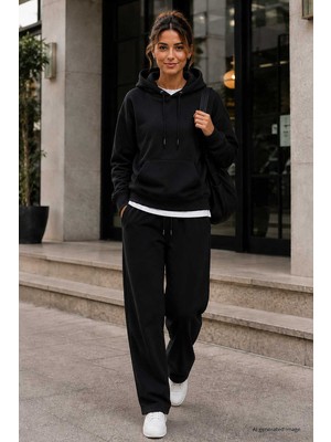 Tommy Life Siyah Standart Kapüşonlu Kanguru Cepli Basic Kadın Sweatshirt - 97321