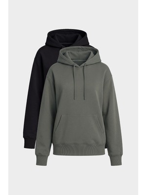 Tommy Life Standart Kapüşonlu 2li Paket Siyah-Haki Kadın Sweatshirt - 97321