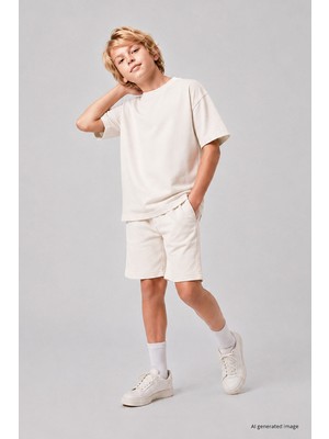 Tommy Life Ekru Oversize Fit Basic Erkek Çocuk Şort Takım - 11335