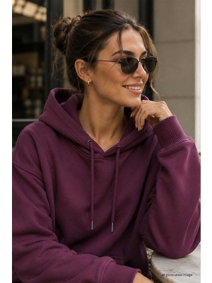 Tommy Life Soft Vişne Standart Kapüşonlu Kanguru Cepli Basic Kadın Sweatshirt - 97321