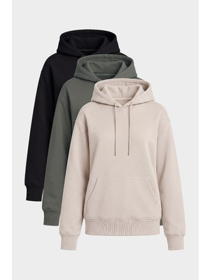 Tommy Life Standart Kapüşonlu 3lü Paket Siyah-Haki-Bej Kadın Sweatshirt - 97321