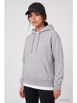 Tommy Life Gri Melanj Standart Kapüşonlu Kanguru Cepli Basic Kadın Sweatshirt - 97321