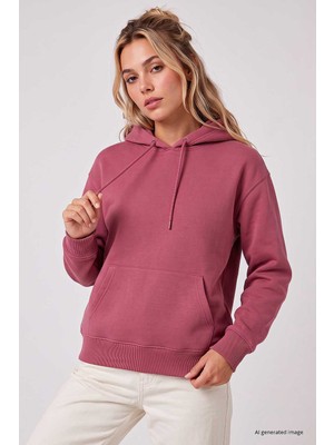Tommy Life Yaban Gülü Standart Kapüşonlu Kanguru Cepli Basic Kadın Sweatshirt - 97321