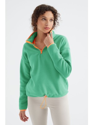 Su Yeşili Yarım Fermuar Etek Ucu Büzgülü Dik Yaka Standart Kalıp Kadın Polar Sweatshirt - 97234