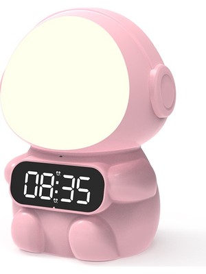 Silabor Astronot LED Dijital Çalar Saatli Gece Lambası – Pembe Renk, Büyük Ekran, Yumuşak Işık, Masaüstü Dekoratif Uyku Lambası