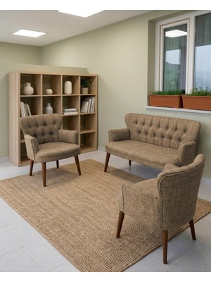 Azra Mobilya Roma 2+1+1 Keten Kumaş Balkon Çay Seti Koltuk Takımı - Ahşap Ayak - Kahverengi
