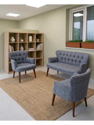 Azra Mobilya Roma 2+1+1 Keten Kumaş Balkon Çay Seti Koltuk Takımı - Ahşap Ayak - Açık Gri