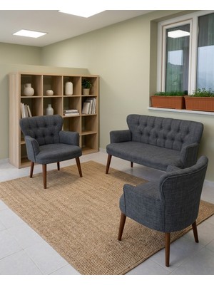 Azra Mobilya Roma 2+1+1 Keten Kumaş Balkon Çay Seti Koltuk Takımı - Ahşap Ayak - Koyu Gri