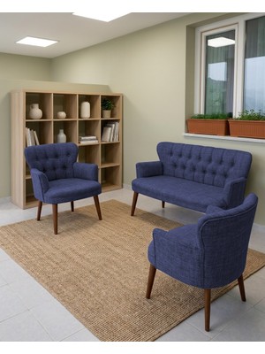 Azra Mobilya Roma 2+1+1 Keten Kumaş Balkon Çay Seti Koltuk Takımı - Ahşap Ayak - Mavi