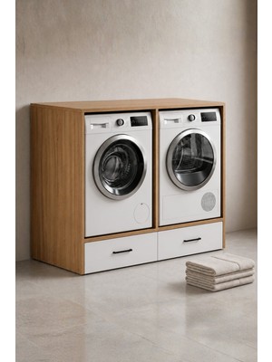 Rudu Lora Çamaşır ve Kurutma Makinesi Dolabı, Banyo Dolabı 130X65X118 cm 2 Çekmeceli - Beyaz-Meşe