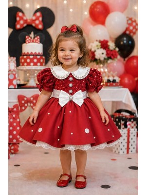İlknur Karaca Design Kırmızı Inci ve Boncuk Işlemeli Beyaz Yaka Detaylı Kız Çocuk Minnie Konsept Doğum Günü Elbisesi