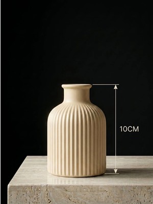 Canseb Elegance Premium - Antik Bej Renk - 10CM Boyunda - Çizgili Pampas Vazosu - El Boyaması Işçilik