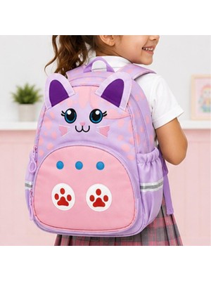 Woomino Lila Kedi Figürlü Anaokulu Çantası Kız Çocuk Kreş Sırt Çantası