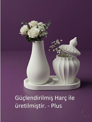 Canseb Elegance 13CM Çiçek Vazosu & 8cm Tombul Vazo Saksılık & 17CM Bölmeli Oluklu Tepsi Hediyelik Dekoratif Obje
