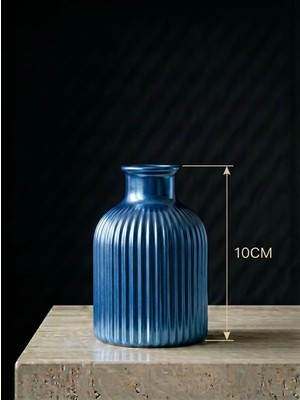 Canseb Elegance Premium - Metalik Blue - 10CM Boyunda - Çizgili Pampas Vazosu - El Boyaması Işçilik