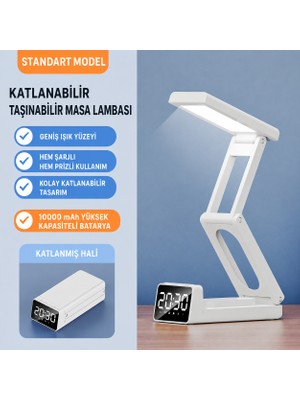 Silabor Katlanabilir LED Masa Lambası – 3 Renk Işıklı, Dijital Saatli, 10000 Mah Şarjlı Bataryalı, Taşınabilir Beyaz Çalışma Lambası
