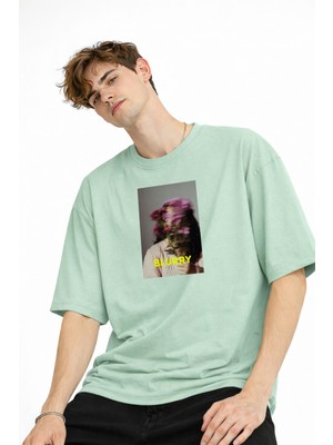 Tekyer Online Blurry - Oversize Erkek Tişört Su Yesılı