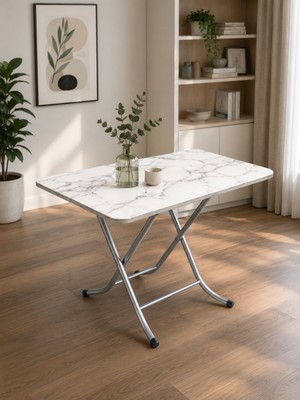 Kapeks Mermer Desenli Katlanır Masa Pratik Portatif Mutfak Masası Balkon Bahçe Masası