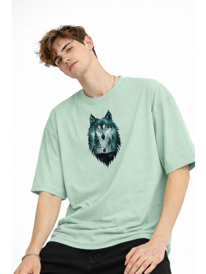 Tekyer Online Wolf - Oversize Erkek Tişört Su Yesılı