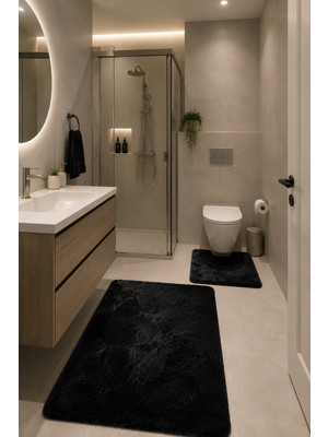 Rovigo Home Premium, Deri  Taban, Tavşan Tüyü,pofuduk  Post Banyo Paspası 2'li 100X60 - 60X50 cm