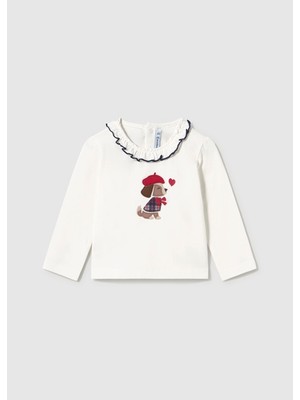 Mayoral Kız Bebek Krem Fırfırlı Yaka Uzun Kollu Baskılı T-Shirt 2090