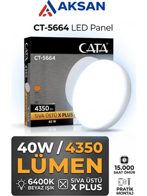 Cata CT-5664 40W Sıva Üstü x Plus Yuvarlak LED Panel 4350 Lümen 6400K Beyaz Işık Tavan Armatürü