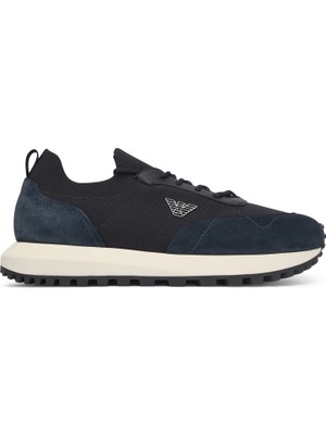 Emporio Armani Erkek Örme ve Süet Detaylı Burunlu Kartal Logolu Yuvarlak Lacivert Sneaker EM003739 AF19724-MB562