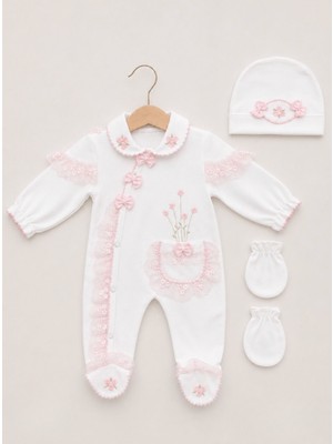 Kardeşler Bebe Dantelli Çiçek Nakışlı Kız Bebek Tulum Bere Eldiven Seti