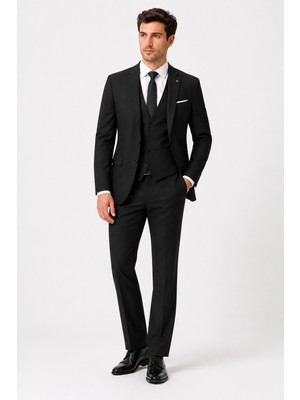Bihan Store Erkek 6 Drop Yelekli Takım Elbise  - Ceket Pantolon ve Yelek 63141 - Siyah
