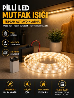 2 Metre Pilli LED Şerit Işık Günışığı 9V Yapışkanlı Mutfak Tezgah Altı Raf Ayna Işığı (Pil Dahil)