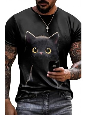 Ulak Hand Mader Ulak Handmader Erkek Bisiklet Yaka Kedi Baskılı Süprem T-Shirt