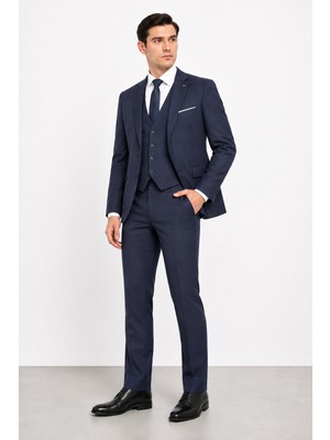 Bihan Store Erkek 6 Drop Yelekli Takım Elbise  - Ceket Pantolon ve Yelek 63141 - Lacivert