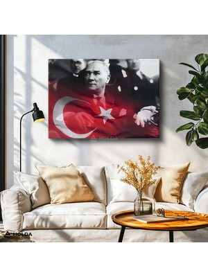 Holda Props Kanvas Tablo Atatürk ve Türk Bayrağı Atatürk Portresi Duvar Dekorasyonu