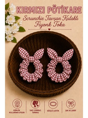 Hophera Pötikare Scrunchie Tavşan Kulaklı Fiyonk Toka Güçlü Lastikli Saç Tokası 2’li Set