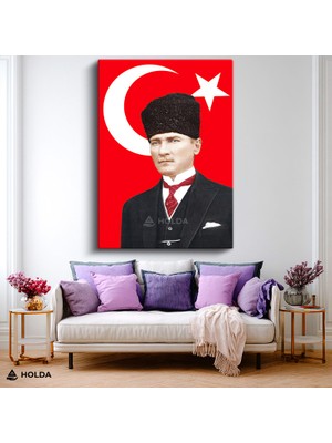 Holda Props Kanvas Tablo Kalpaklı Atatürk Türk Bayrağı Atatürk Tablosu Duvar Dekorasyonu