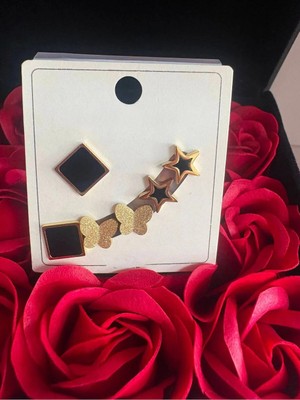 Bymiel Gold Renk Asimetrik Kelebek, Yıldız ve Siyah Kare Figürlü 5'li Çelik Küpe Seti – Paslanmaz Çelik