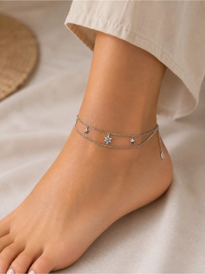 Bymiel Gümüş Nazar Gözü ve Yıldız Figürlü Çift Sıra Çelik Halhal – Ayarlanabilir Kadın Ayak Bilekliği