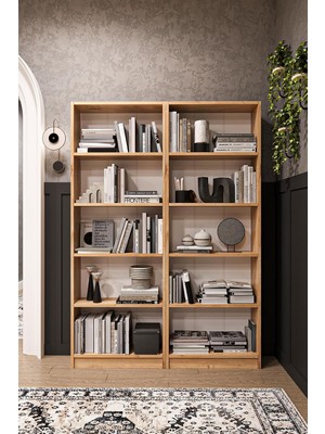 Asra Trend Safir Meşe Desen K003 10 Raflı Geniş Kitaplık 112 cm Modern Kütüphane Dar Alan Uyum