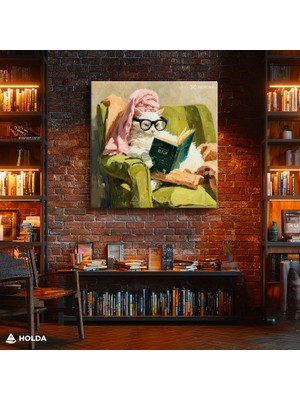 Holda Props Kanvas Tablo Kitap Okuyan Kedi Hayvan Temalı Tablo Duvar Dekorasyonu
