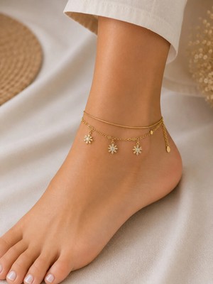 Bymiel Gold Çift Sıra Çiçek Sallantılı Çelik Halhal – Zirkon Taşlı Ayarlanabilir Kadın Ayak Bilekliği