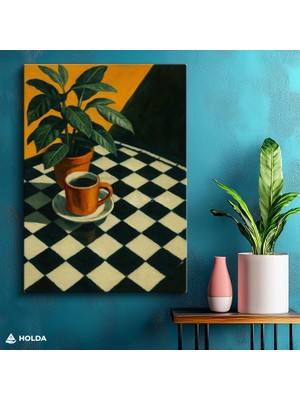 Holda Props Kanvas Tablo Saksı Çiçek ve Kahve Fincanı Bitki Tablosu Duvar Dekorasyonu