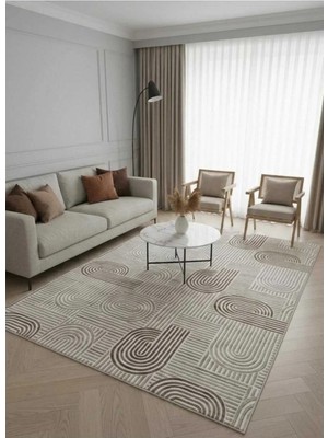Nesrin Kaymaz Jel Taban Modern Kesme Yolluk Salon Halısı Kahve Krem Yuvarlaklı