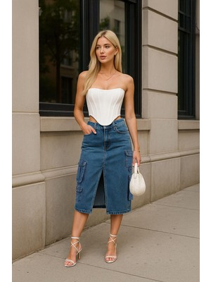 Banny Jeans Kargo Cepli Önden Yırtmaçlı Jean Etek Mavi