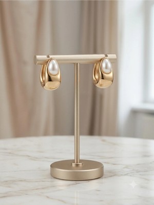Bymiel Kadın Gold Altın Kaplama Damla Incili Yarım Halka Küpe Elegant Tasarım