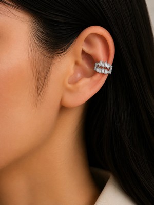 Bymiel Zirkon Taşlı Geometrik Kıkırdak Küpe – Gümüş Renk Ear Cuff | Tekli