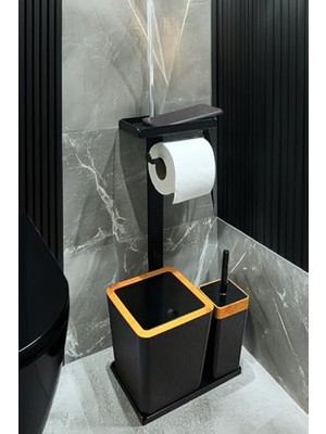 Aesco 3'ü 1 Arada Banyo Seti Tuvalet Kağıtlık, Çöp Kovası ve Tuvalet Fırça Takımı Set Çizgili (Ahşap Siyah)